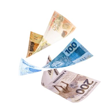 Sonbaharda 200, 100 ve 50 reais banknot, izole beyaz arka plan. Büyük ödül, beraberlik, servet ve kâr konsepti