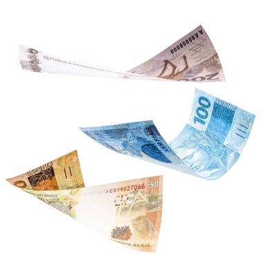 Sonbaharda 200, 100 ve 50 reais banknot, izole beyaz arka plan. Büyük ödül, beraberlik, servet ve kâr konsepti