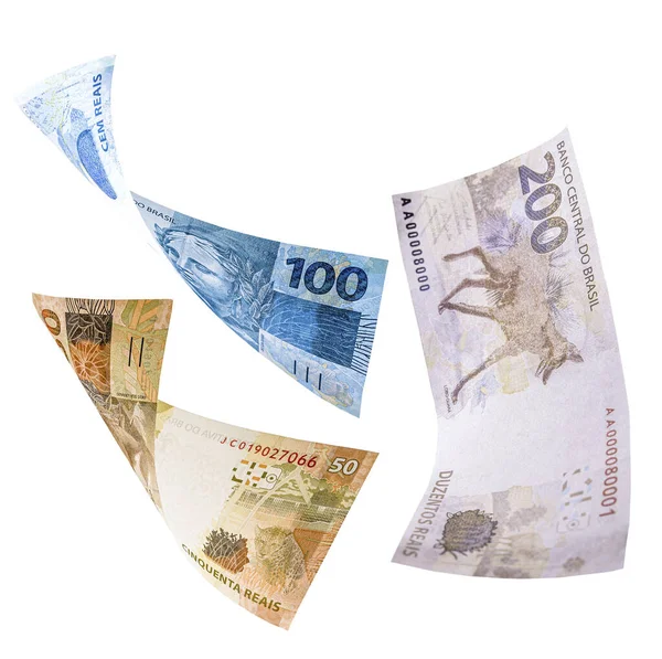 Reais, notas de dinheiro diferentes, 100, 50, 20 e 10 reais. superfície de  textura, conceito de economia brasileira