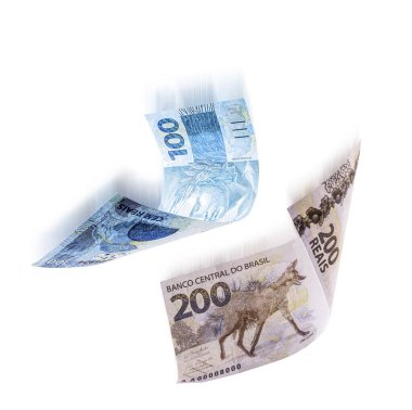 200 and 100 reais banknotes falling, with motion effect, spot blur, isolated white background, concept of fall, crisis and inflation clipart