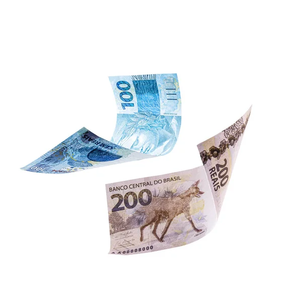 200 Und 100 Reais Scheine Fallen Isolierter Weißer Hintergrund Brasilianisches — Stockfoto