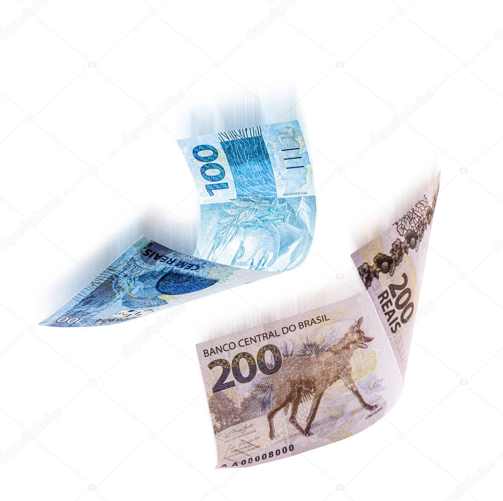 200 and 100 reais banknotes falling, with motion effect, spot blur, isolated white background, concept of fall, crisis and inflation