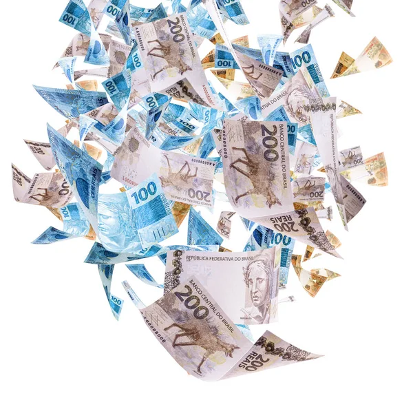ブラジルからのお金の雨 200 100 50レイの紙幣と紙幣は 選択的な焦点で落ちています 宝くじ 賞金の概念 — ストック写真