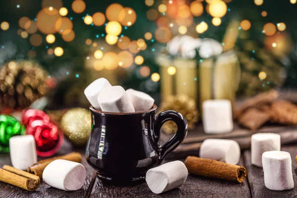 Vintage Mug Many Marshmallows Blurred Lights Bokens Background Decorated Christmas — Stock Photo, Image