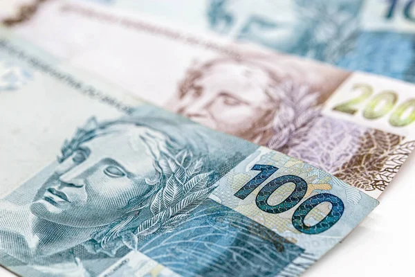 Cento Duzentas Notas Reais Dinheiro Brasil Conceito Crise Econômica Brasil — Fotografia de Stock