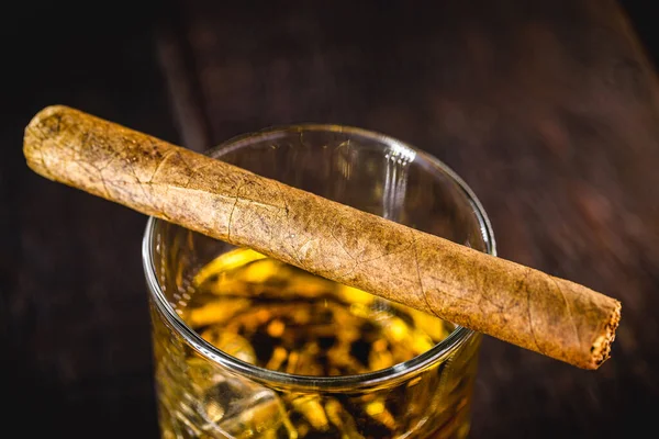 Viski Bardağının Üstünde Puro Odak Noktası Sigara Konsepti Dinlenme Zamanı — Stok fotoğraf