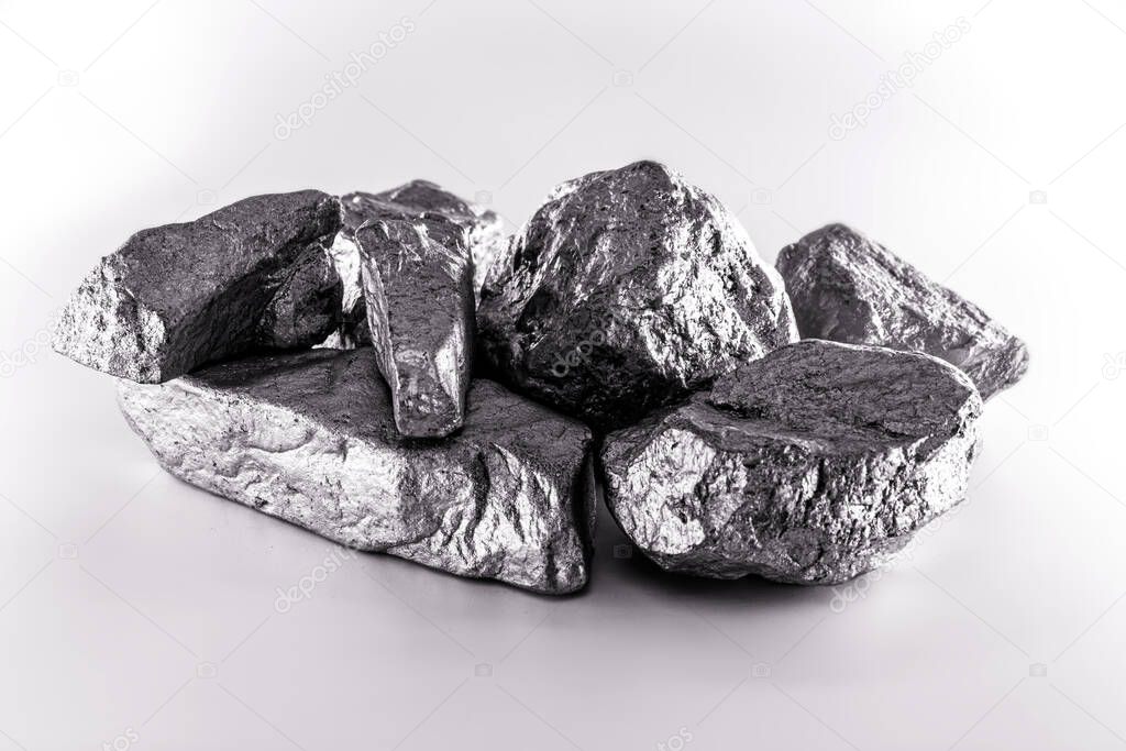aluminum nuggets on a white background, industrial minerals