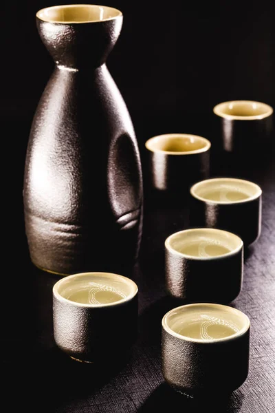 Several Glasses Oriental Ceramic Bottle Serve Sake Drink Japanese Traditional — Stock Photo, Image