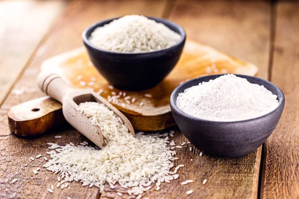 rice flour with raw rice pot on the side, culinary ingredient