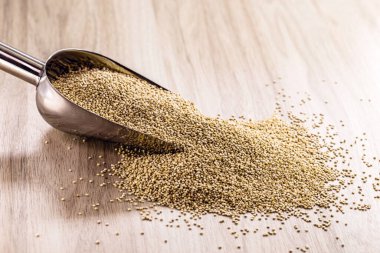 Taneli kinoalı metal kaşık. Sağlıklı tohum, vejetaryen yemeği.