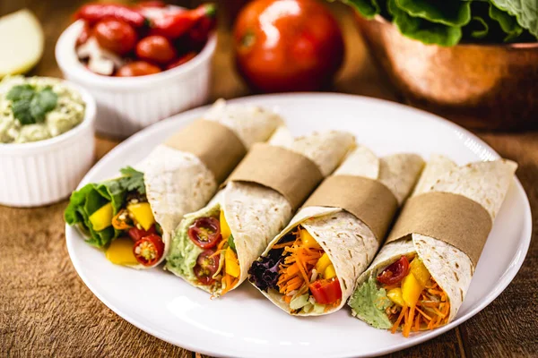 Wrap Vegan Burritos Made Dough Eggs Organic Vegetables Avocado Cream — Stock Photo, Image