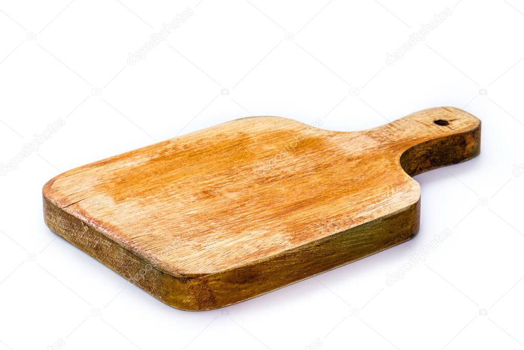 Kitchen utensils, vintage wooden chopping board, isolated white background