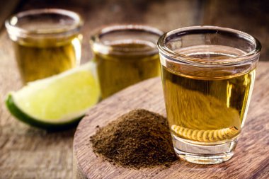 Mezcal adında egzotik bir Meksika içeceği, biber tuzu ve solucan, nadir bulunan Meksika içeceği.