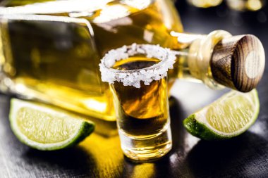 Şişe ve bir bardak tekila, tuzlu ve limonlu Meksika içeceği.