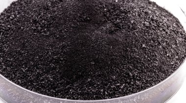 Kömür parçasının yanında kömür tozu dolu bir petri kabı.