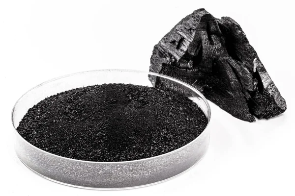 Placa Petri Con Carbón Polvo Junto Pedazo Carbón Vegetal Fondo —  Fotos de Stock