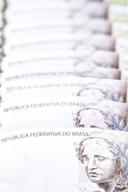 Brezilya 'dan gelen para, 200 Real banknot, banknotların dokusu ve arkaplanı