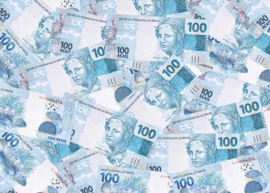 Brezilya 'dan gelen 100 reais banknotları, Brezilya parasının dokusu, Reais arkaplan notları.
