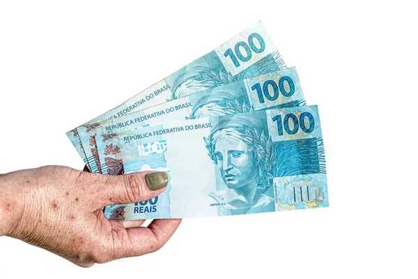 Mano Femenina Con Billetes 100 Reales Concepto Jubilación Ayuda Estatal — Foto de Stock