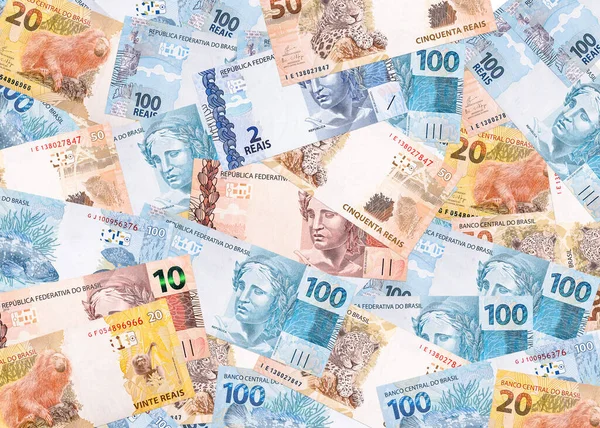 Varios Billetes Banco Brasileños Billetes Reales Textura Fondo — Foto de Stock