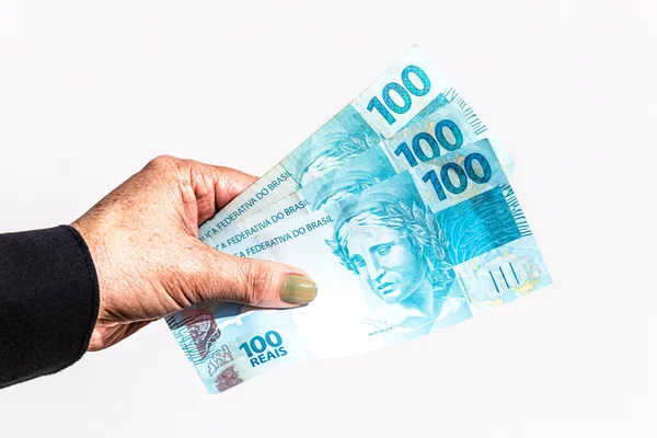 Anciana Mano Sosteniendo Billetes Dinero Brasil Cien Reales Con Fondo — Foto de Stock
