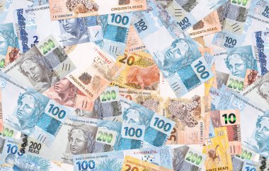 Brezilya reais, farklı paralar, 100, 50, 20 ve 10 reais. Doku geçmişi, Brezilya ekonomisi konsepti