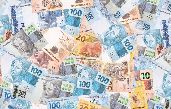Reais Brasileiros Notas Dinheiro Diferentes 100 Reais Contexto Textural Conceito — Fotografia de Stock