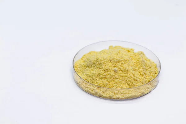 Sulfur Powder Petri Dish Chemical Substance Industrial Use — Stock Photo, Image