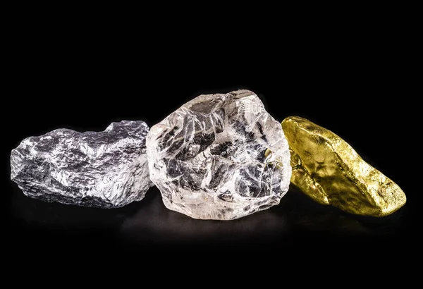 Mineral Plata Pepita Oro Diamante Bruto Sobre Fondo Negro Aislado — Foto de Stock