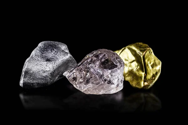 Mineral Plata Pepita Oro Diamante Bruto Sobre Fondo Negro Aislado — Foto de Stock