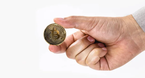 Mužská Ruka Drží Bitcoin Izolovaném Bílém Pozadí Mezerníkem — Stock fotografie