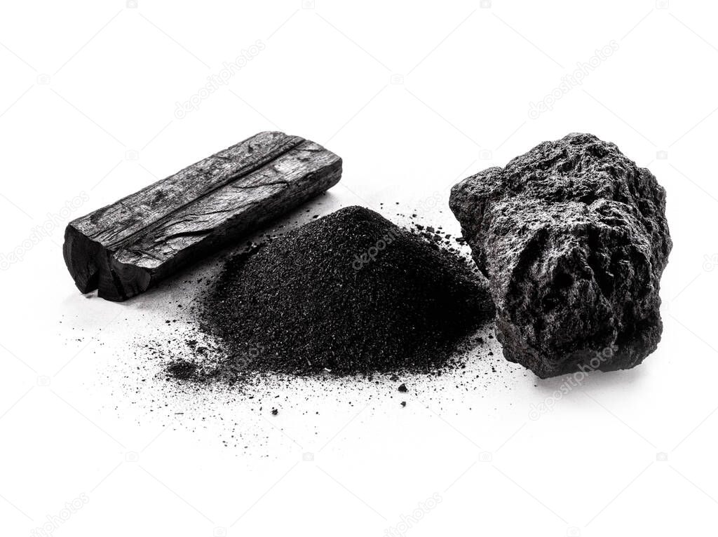 charcoal, coal dust and mineral coal on isolated white background.