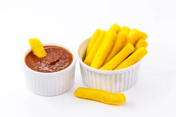 Lanche Brasileiro Chamado Polenta Servido Com Molho Ketchup Fundo Branco — Fotografia de Stock