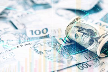 Brezilya 'nın 100 dolarlık banknotları üzerine 100 dolar banknot, Brezilya para birimine karşı yüksek dolar konsepti.
