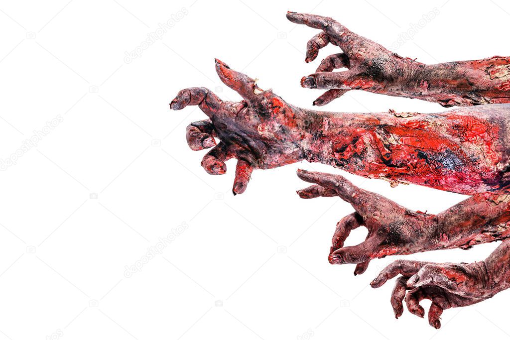 hands with blood, from monsters, attacking, zombie attack, isolated white background.