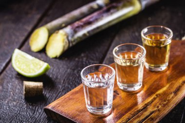 Arka planda şeker kamışı olan bir fincan cachaca, Brezilya 'da yaygın olarak 