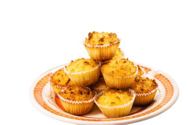 Typical sweet from Brazil and Portugal, called queijadinha or queijada. Homemade dessert, pastry from bakery or traditional confectionery