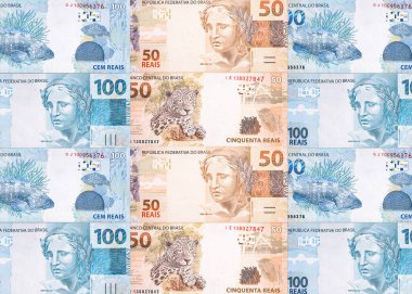 Brezilya para banknotlarının arka plan dokusu, 100 ve 50 reais banknotlar, video veya sahne için arka plan. Ödül ya da ödeme kavramı, servet.