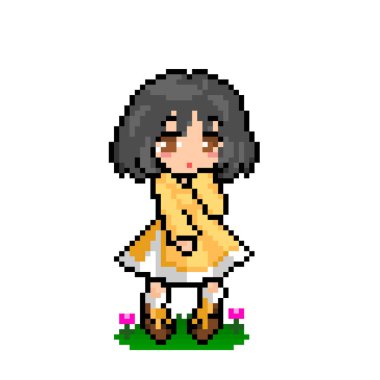 Tatlı anime kız pikseli resim. 8 bit oyun varlıkları için. çapraz dikiş deseni veya t-shirt tasarım vektör çizimi.