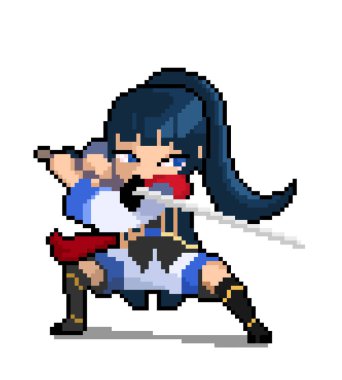 Piksel anime samuray görüntüsü. 8 bit oyun varlıkları için. çapraz dikiş deseni veya t-shirt tasarım vektör çizimi.