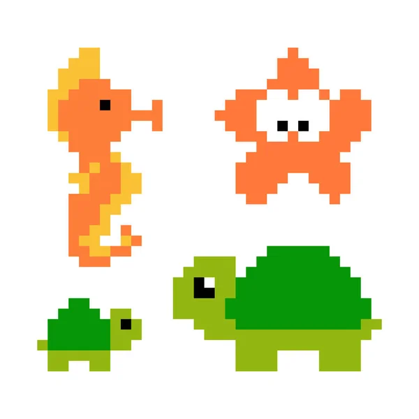 Pixelbilder Von Meerestieren Schildkröten Seepferdchen Seesternen Für Bit Spielvermögen Kreuzstichmuster — Stockvektor