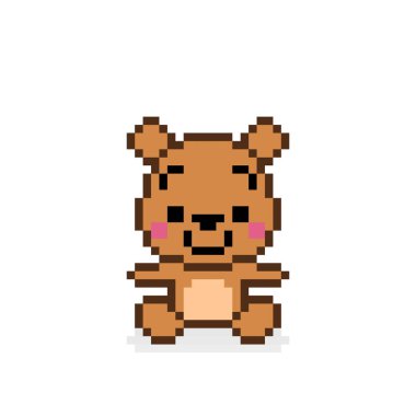 Piksel 8 bit kahverengi ayı oturuyor. Vektör illüstrasyonunda hayvan oyunu varlıkları.