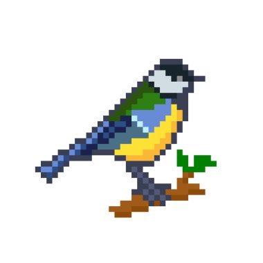 Pixel blue tit bird image. for 8 bit games. cross stitch pattern or t-shirt design vector illustration.
