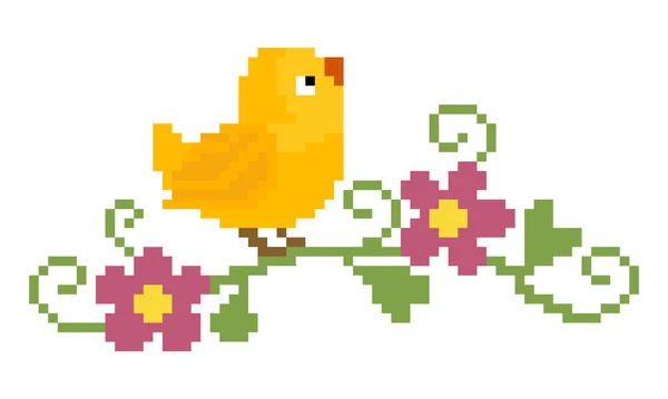 ツリー上のピクセル鳥 黄色の鳥の画像 かぎ針編みのパターン ピクセルアートのベクトルイラスト — ストックベクタ