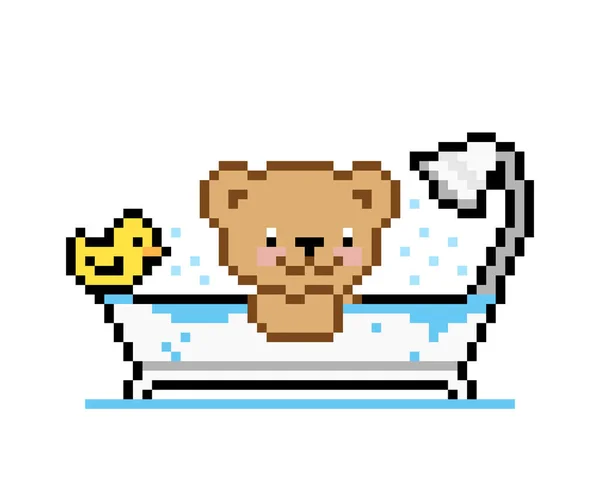 Pixel Oso Está Tomando Baño Con Pato Juguete Ilustración Vectorial — Vector de stock