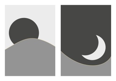 Modern minimalist soyut çizim. Gündüz ve gece posterleri. Doğal soyut manzara arka planı. Güneş, gökyüzü, dağlar ve ay.