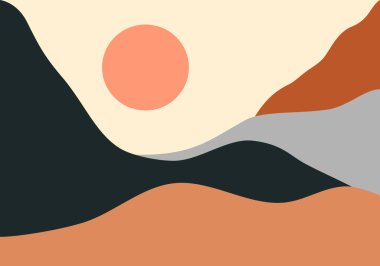 Ortaçağ minimalist el yapımı çizimler. Doğal soyut manzara arka planı. dağlar, ormanlar, deniz, gökyüzü, güneş ve nehirler