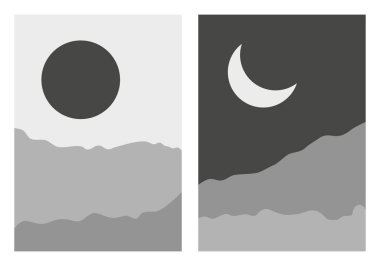 Modern minimalist soyut çizim. Gündüz ve gece posterleri. Doğal soyut manzara arka planı. Güneş, gökyüzü, dağlar ve ay.