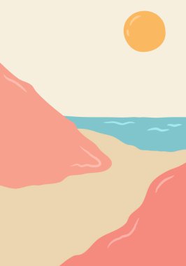 Modern minimalist soyut çizim. Doğal soyut manzara arka planı. kumsalda sabah.