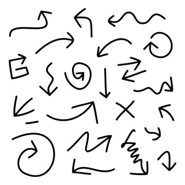 Oklar. El çizimi elementler, konsept tasarım için. Karalama özeti beyaz arkaplana izole edildi. vektör illüstrasyonu.